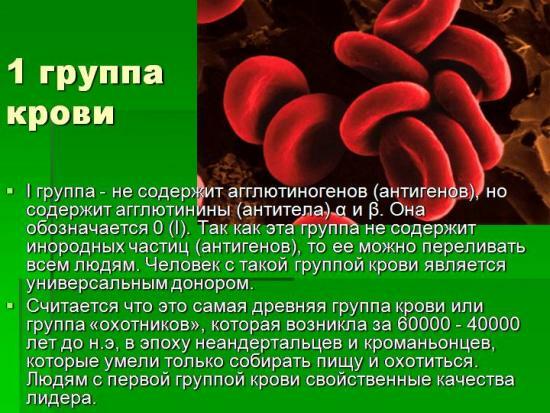 The character of blood group 1 is positive, its features